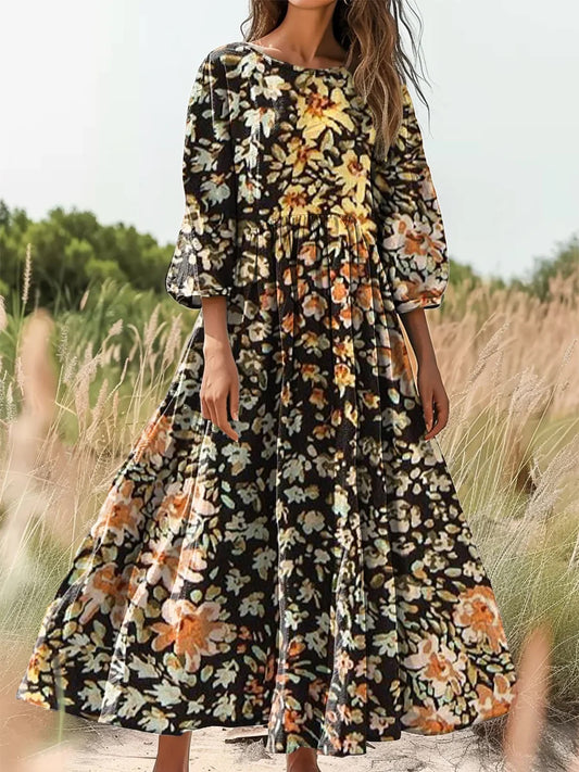Retro Boho Floral Εκτύπωση Vintage Chic στρογγυλό λαιμό βαμβάκι μακρύ μανίκι φόρεμα Midi