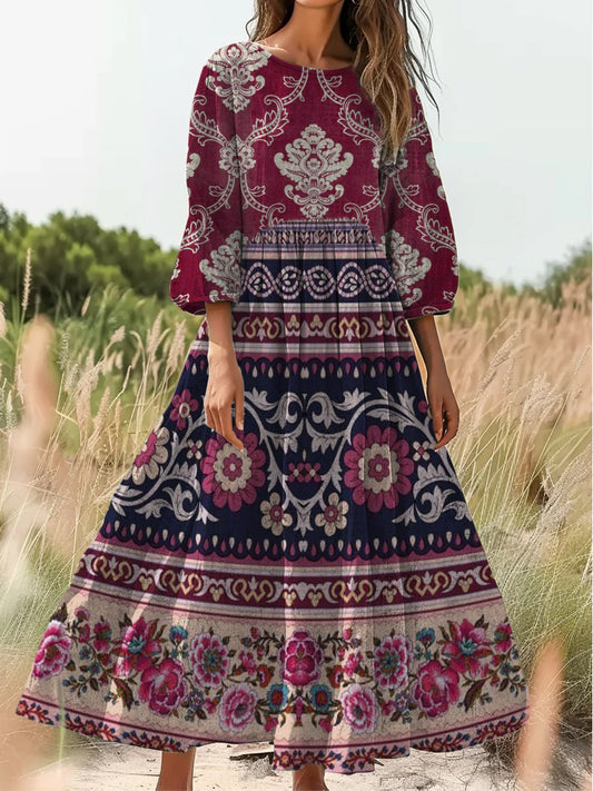 Retro Boho Floral Εκτύπωση Vintage Chic στρογγυλό λαιμό βαμβάκι μακρύ μανίκι φόρεμα Midi