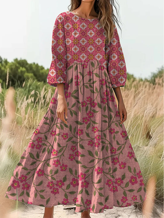 Retro Boho Floral Εκτύπωση Vintage Chic στρογγυλό λαιμό βαμβάκι μακρύ μανίκι φόρεμα Midi