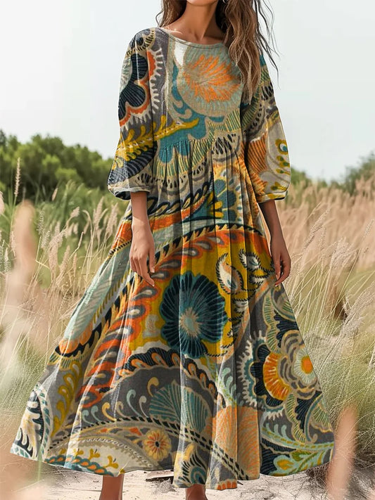 Retro Boho Floral Εκτύπωση Vintage Chic στρογγυλό λαιμό βαμβάκι μακρύ μανίκι φόρεμα Midi