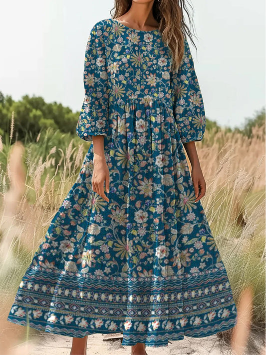 Retro Boho Floral Εκτύπωση Vintage Chic στρογγυλό λαιμό βαμβάκι μακρύ μανίκι φόρεμα Midi