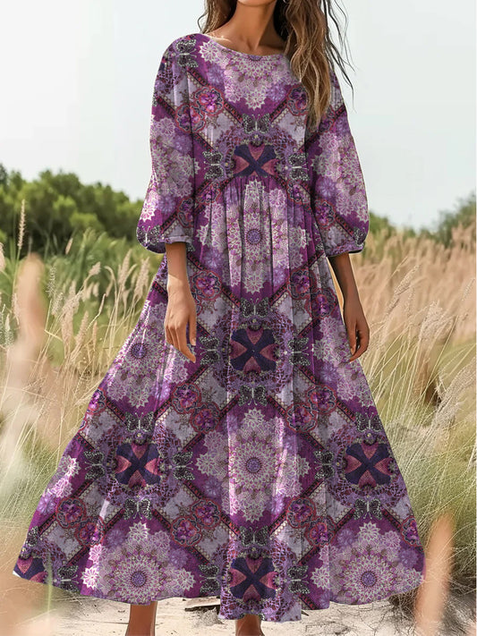 Retro Boho Floral Εκτύπωση Vintage Chic στρογγυλό λαιμό βαμβάκι μακρύ μανίκι φόρεμα Midi