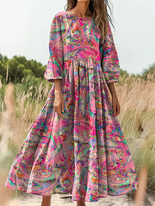 Retro Boho Floral Εκτύπωση Vintage Chic στρογγυλό λαιμό βαμβάκι μακρύ μανίκι φόρεμα Midi