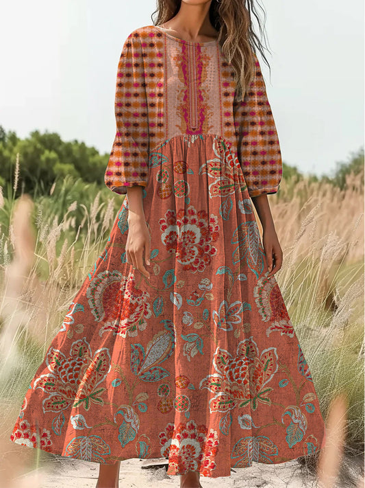 Retro Boho Floral Εκτύπωση Vintage Chic στρογγυλό λαιμό βαμβάκι μακρύ μανίκι φόρεμα Midi