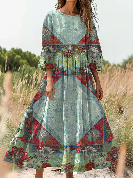 Retro Boho Floral Εκτύπωση Vintage Chic στρογγυλό λαιμό βαμβάκι μακρύ μανίκι φόρεμα Midi