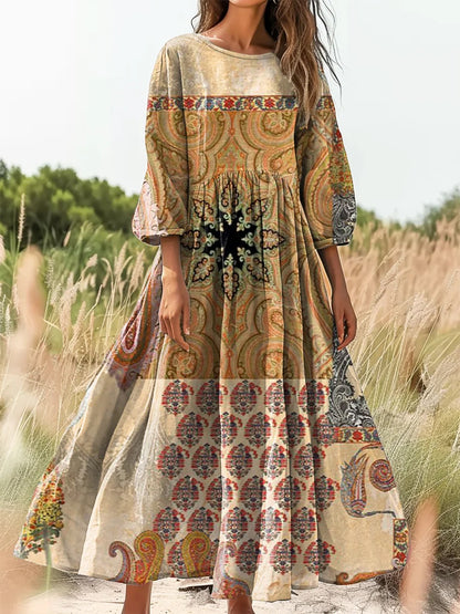 Retro Boho Floral Εκτύπωση Vintage Chic στρογγυλό λαιμό βαμβάκι μακρύ μανίκι φόρεμα Midi