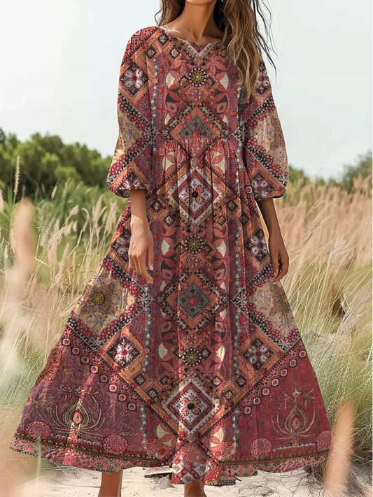 Retro Boho Floral Εκτύπωση Vintage Chic στρογγυλό λαιμό βαμβάκι μακρύ μανίκι φόρεμα Midi