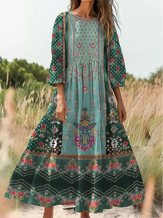 Retro Boho Floral Εκτύπωση Vintage Chic στρογγυλό λαιμό βαμβάκι μακρύ μανίκι φόρεμα Midi