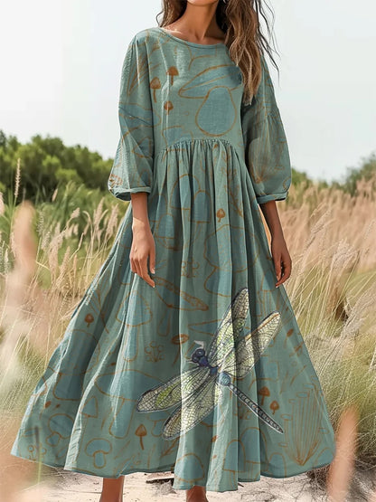 Retro Boho Floral Εκτύπωση Vintage Chic στρογγυλό λαιμό βαμβάκι μακρύ μανίκι φόρεμα Midi