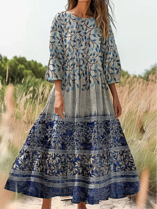 Retro Boho Floral Εκτύπωση Vintage Chic στρογγυλό λαιμό βαμβάκι μακρύ μανίκι φόρεμα Midi