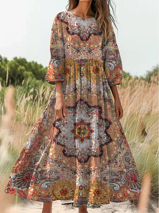 Retro Boho Floral Εκτύπωση Vintage Chic στρογγυλό λαιμό βαμβάκι μακρύ μανίκι φόρεμα Midi