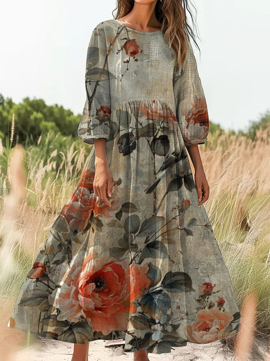 Retro Boho Floral Εκτύπωση Vintage Chic στρογγυλό λαιμό βαμβάκι μακρύ μανίκι φόρεμα Midi
