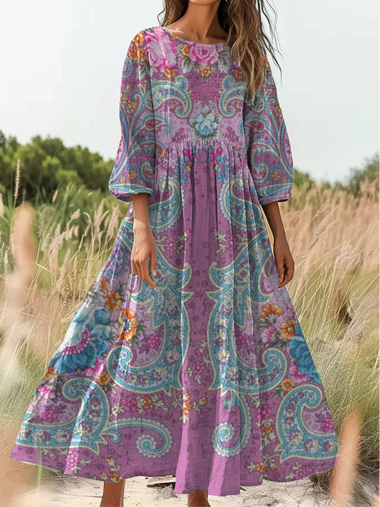 Retro Boho Floral Εκτύπωση Vintage Chic στρογγυλό λαιμό βαμβάκι μακρύ μανίκι φόρεμα Midi