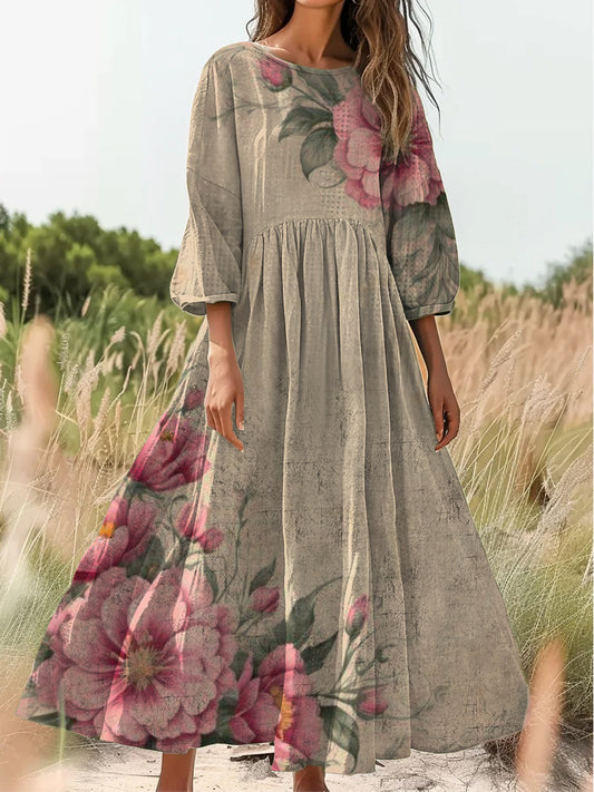 Retro Boho Floral Εκτύπωση Vintage Chic στρογγυλό λαιμό βαμβάκι μακρύ μανίκι φόρεμα Midi
