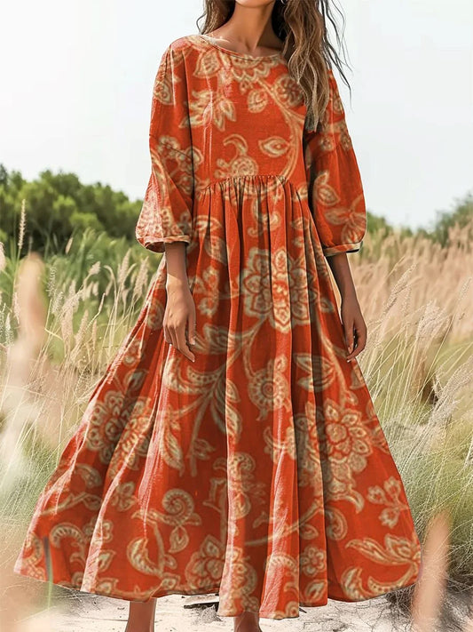 Retro Boho Floral Εκτύπωση Vintage Chic στρογγυλό λαιμό βαμβάκι μακρύ μανίκι φόρεμα Midi