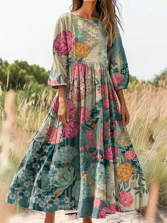 Retro Boho Floral Εκτύπωση Vintage Chic στρογγυλό λαιμό βαμβάκι μακρύ μανίκι φόρεμα Midi