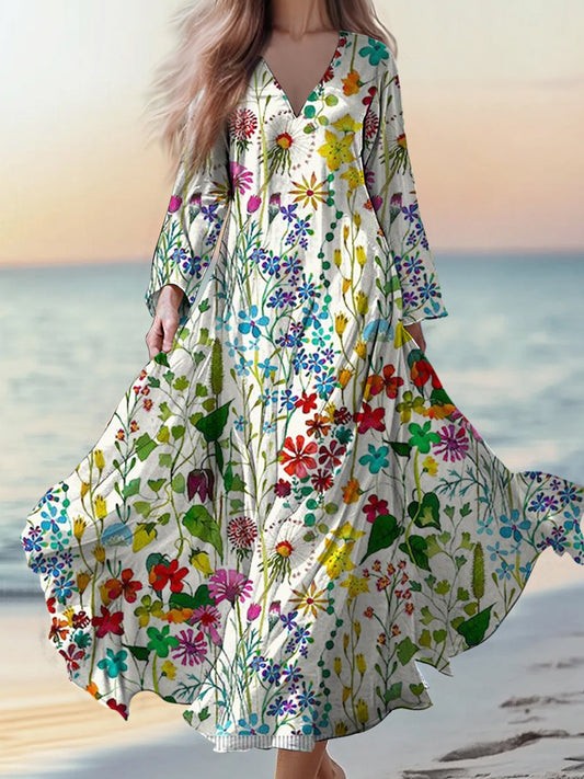 Retro Boho εφαρμογή ανθοπωλείου Εκτύπωση Vintage Chic V-λαιμό βαμβάκι μακριά μανίκι φόρεμα Μίνι