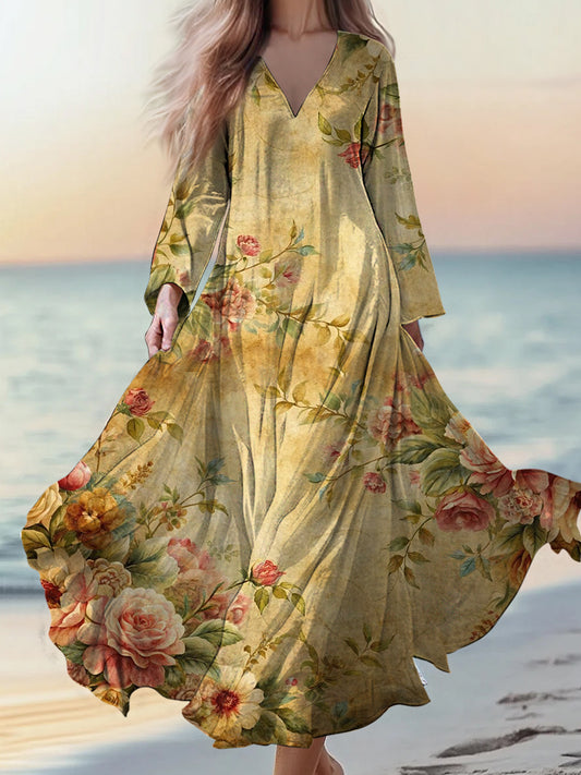 Retro Boho εφαρμογή ανθοπωλείου Εκτύπωση Vintage Chic V-λαιμό βαμβάκι μακριά μανίκι φόρεμα Μίνι