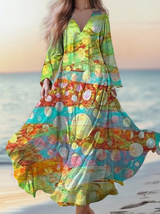 Retro Boho εφαρμογή ανθοπωλείου Εκτύπωση Vintage Chic V-λαιμό βαμβάκι μακριά μανίκι φόρεμα Μίνι