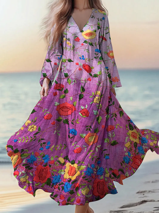 Retro Boho εφαρμογή ανθοπωλείου Εκτύπωση Vintage Chic V-λαιμό βαμβάκι μακριά μανίκι φόρεμα Μίνι