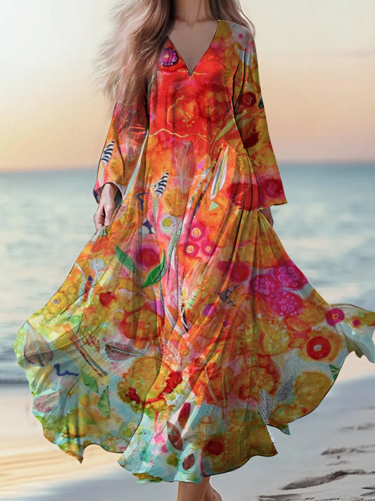 Retro Boho εφαρμογή ανθοπωλείου Εκτύπωση Vintage Chic V-λαιμό βαμβάκι μακριά μανίκι φόρεμα Μίνι