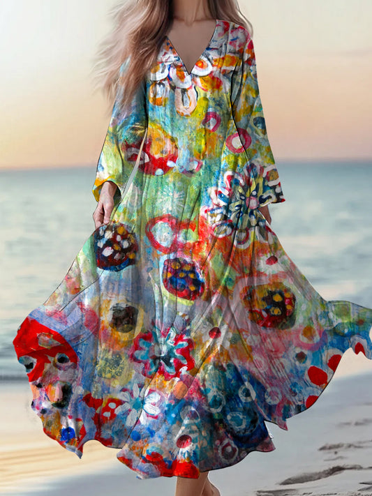 Retro Boho εφαρμογή ανθοπωλείου Εκτύπωση Vintage Chic V-λαιμό βαμβάκι μακριά μανίκι φόρεμα Μίνι