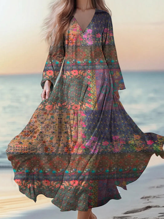 Retro Boho εφαρμογή ανθοπωλείου Εκτύπωση Vintage Chic V-λαιμό βαμβάκι μακριά μανίκι φόρεμα Μίνι