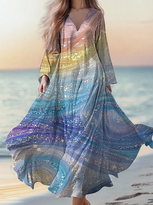 Retro Boho εφαρμογή ανθοπωλείου Εκτύπωση Vintage Chic V-λαιμό βαμβάκι μακριά μανίκι φόρεμα Μίνι