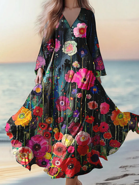 Retro Boho εφαρμογή ανθοπωλείου Εκτύπωση Vintage Chic V-λαιμό βαμβάκι μακριά μανίκι φόρεμα Μίνι