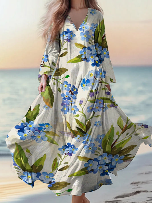 Retro Boho εφαρμογή ανθοπωλείου Εκτύπωση Vintage Chic V-λαιμό βαμβάκι μακριά μανίκι φόρεμα Μίνι
