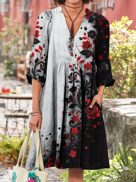 Retro Boho Floral Art Εκτύπωση Vintage Chic V-Neck βαμβάκι μακριά μανίκι φόρεμα Midi