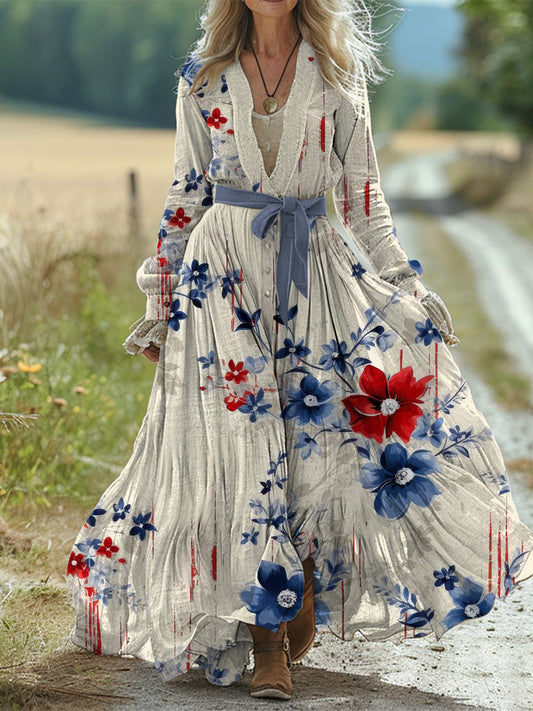Retro Boho Floral Art Εκτύπωση Vintage Chic λουράκι V-λαιμό βαμβάκι μακριά μανίκι φόρεμα Midi