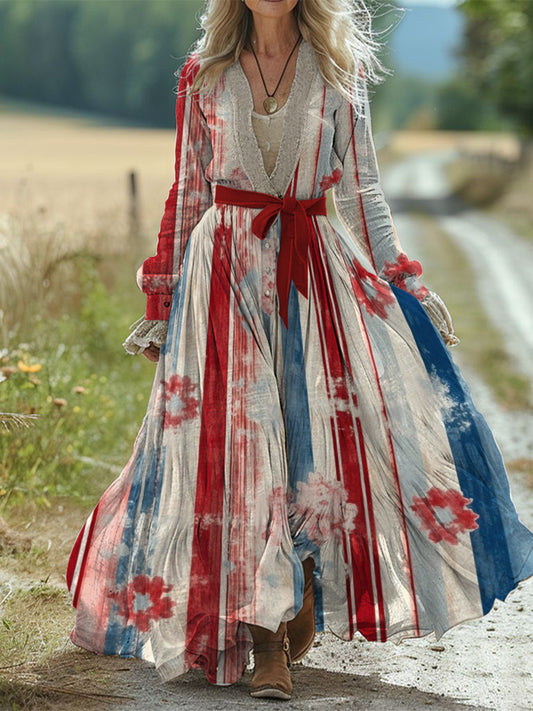 Retro Boho Floral Art Εκτύπωση Vintage Chic λουράκι V-λαιμό βαμβάκι μακριά μανίκι φόρεμα Midi