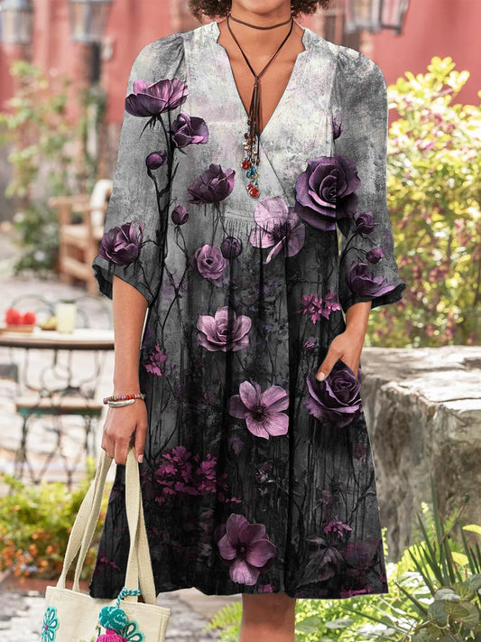 Retro Boho Floral Art Εκτύπωση Vintage Chic V-Neck βαμβάκι μακριά μανίκι φόρεμα Midi