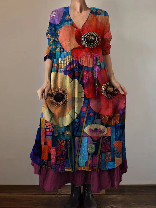 Retro Boho Floral Εκτύπωση Vintage V-Neck διπλό κομμάτι βαμβάκι μακριά μανίκι φόρεμα Midi