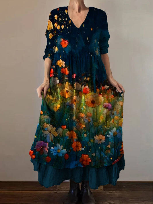 Retro Boho Floral Εκτύπωση Vintage V-Neck διπλό κομμάτι βαμβάκι μακριά μανίκι φόρεμα Midi
