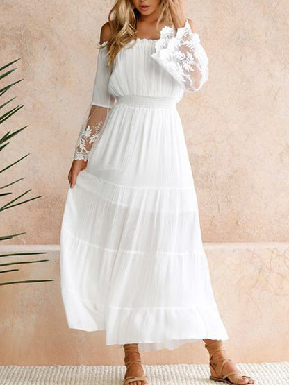 Γυναικείο Vintage λευκή δαντέλα ένα κολάρο μακριά φόρεμα