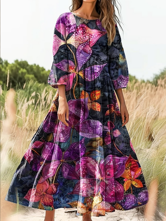 Retro Boho Floral Βοτανική Εκτύπωση Vintage Chic στρογγυλό λαιμό βαμβάκι μακριά μανίκι φόρεμα Midi