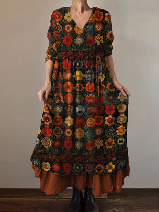 Retro Boho Floral Εκτύπωση Vintage V-Neck διπλό κομμάτι βαμβάκι μακριά μανίκι φόρεμα Midi