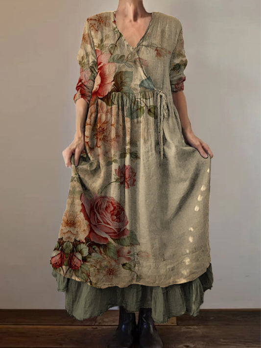 Retro Boho Floral Εκτύπωση Vintage V-Neck διπλό κομμάτι βαμβάκι μακριά μανίκι φόρεμα Midi