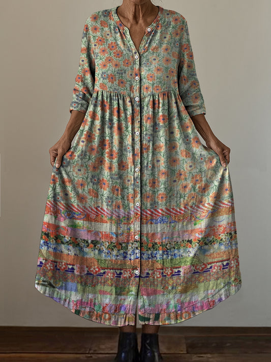 Retro Boho Ανθοπωλεία Τέχνης Εκτύπωση Vintage Chic V-Neck κουμπί μέχρι μακριά μανίκι φόρεμα Midi