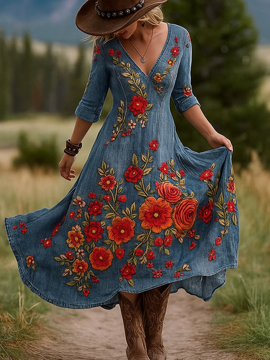 Εκτύπωση Vintage V-λαιμό μακρυμάνικο βαμβάκι Maxi φόρεμα βαμβάκι