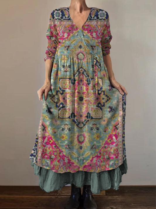 Retro Boho Floral Εκτύπωση Vintage V-Neck διπλό κομμάτι βαμβάκι μακριά μανίκι φόρεμα Midi