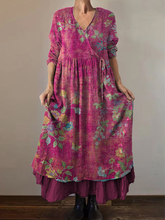 Retro Boho Floral Εκτύπωση Vintage V-Neck διπλό κομμάτι βαμβάκι μακριά μανίκι φόρεμα Midi