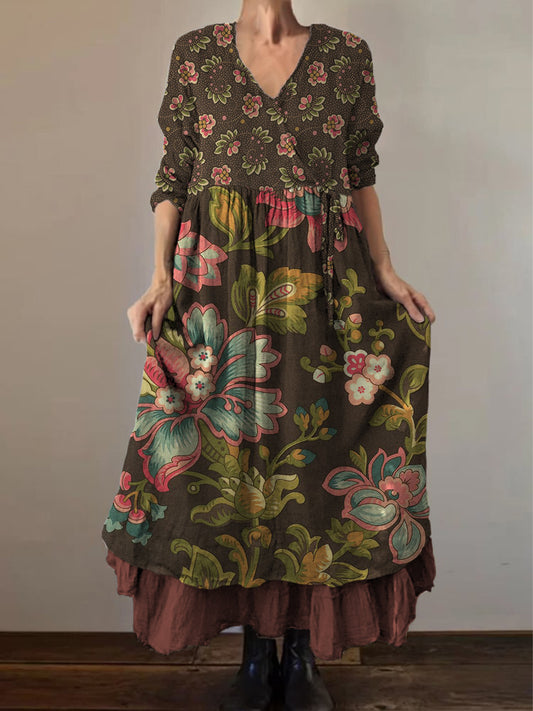Retro Boho Floral Εκτύπωση Vintage V-Neck διπλό κομμάτι βαμβάκι μακριά μανίκι φόρεμα Midi