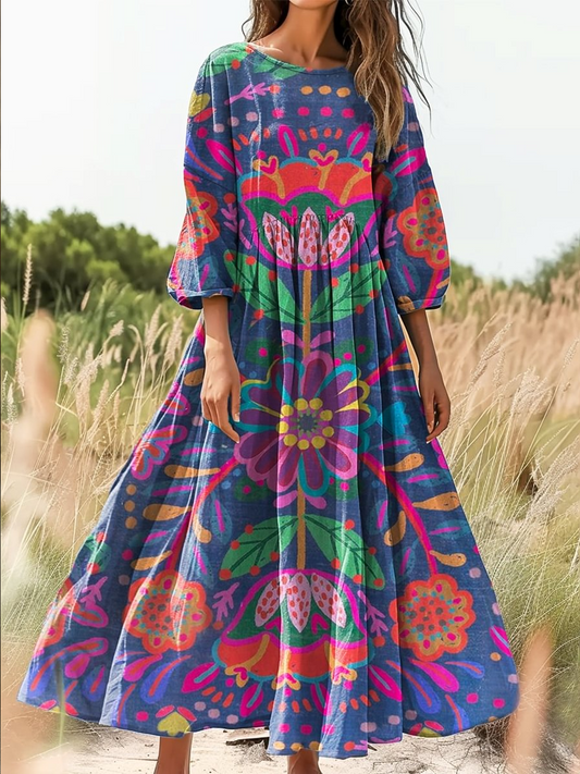 Retro Boho Floral Βοτανική Εκτύπωση Vintage Chic στρογγυλό λαιμό βαμβάκι μακριά μανίκι φόρεμα Midi