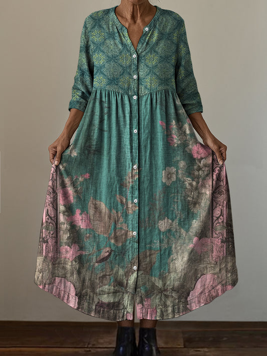 Retro Boho Ανθοπωλεία Τέχνης Εκτύπωση Vintage Chic V-Neck κουμπί μέχρι μακριά μανίκι φόρεμα Midi