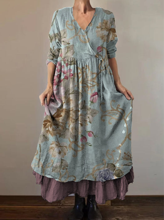 Retro Boho Floral Εκτύπωση Vintage V-Neck διπλό κομμάτι βαμβάκι μακριά μανίκι φόρεμα Midi