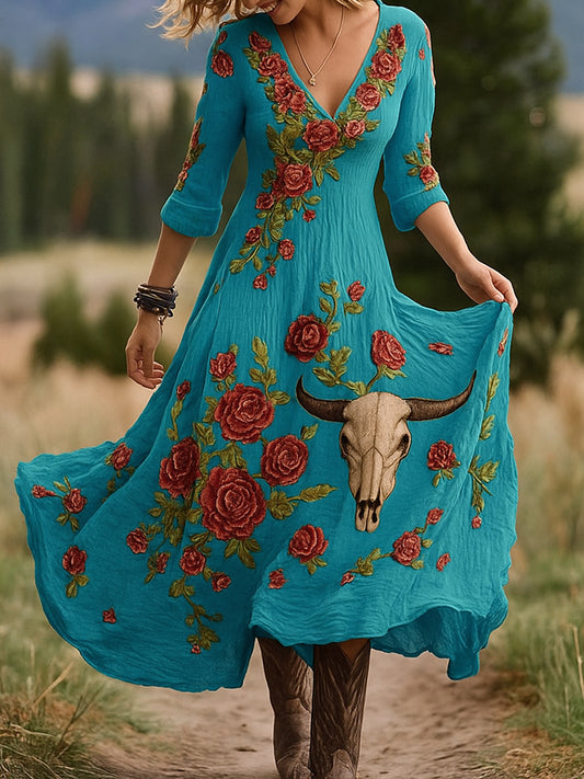 Εκτύπωση Vintage V-λαιμό μακρυμάνικο βαμβάκι Maxi φόρεμα βαμβάκι