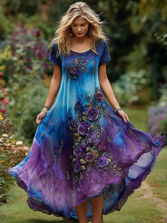 Retro Floral Art Εκτύπωση Vintage στρογγυλό λαιμό κοντά μανίκια βαμβάκι Maxi φόρεμα